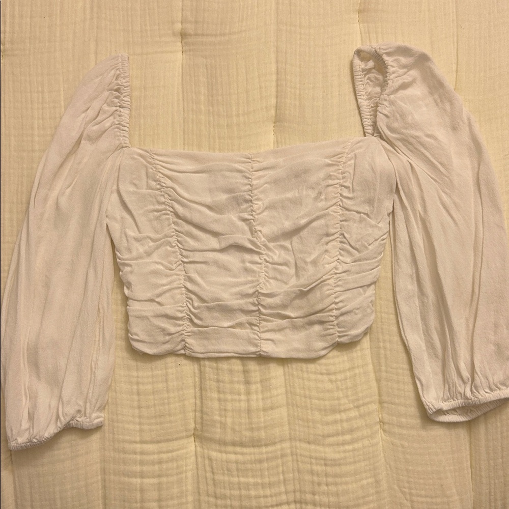Wilfred White Ruched Square-Neck Long Sleeve Crop Top